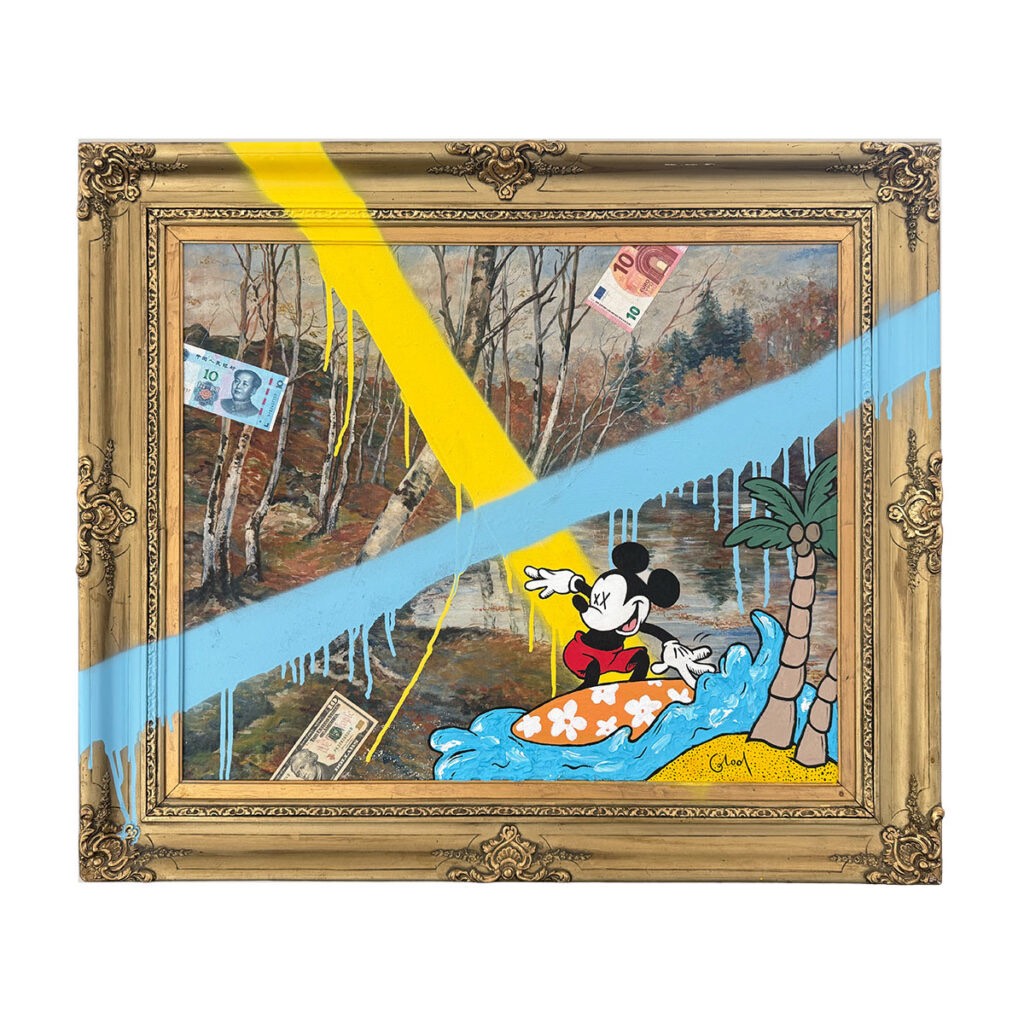 Surfing Mickey (Mixed Media on Antique Landscape)